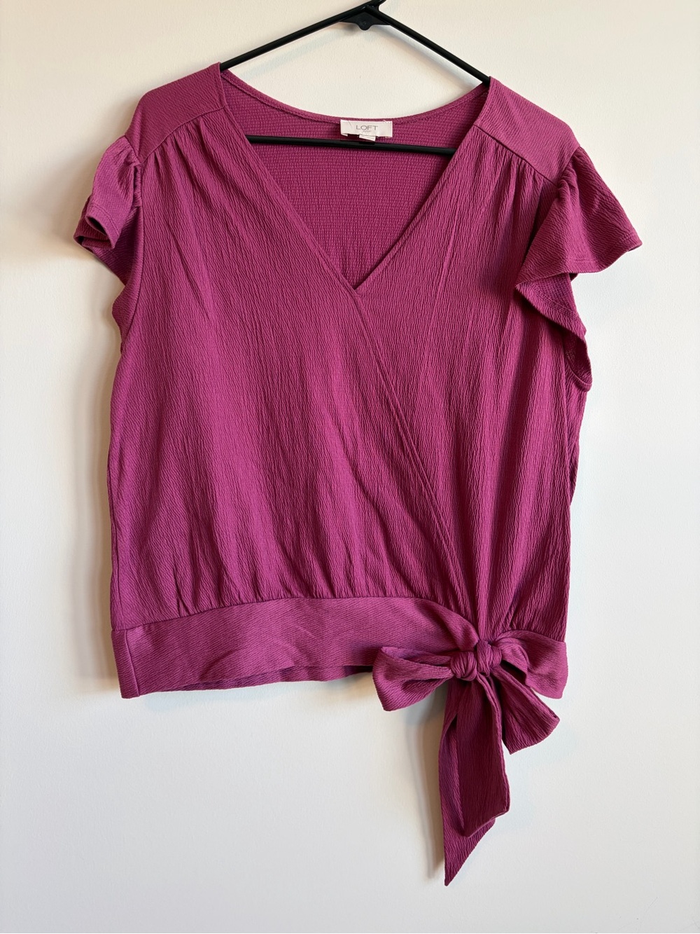 LOFT Magenta Wrap Tie Short Sleeve Blouse